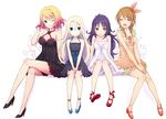  4girls :d ;) ^_^ blonde_hair blue_eyes brown_hair cathy_(satsuriku_no_tenshi) closed_eyes crossover dress girl_sandwich green_eyes high_heels kanzaki_shiori kirisame_ga_furu_mori long_hair long_legs multiple_girls nico_(nico_alice) no_socks one_eye_closed open_mouth purple_eyes purple_hair rachel_gardner sakuma_miyako sandwiched satsuriku_no_tenshi short_hair smile 