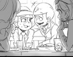  2girls aida_(osomatsu-san) arm_around_shoulder atsushi_(osomatsu-san) bad_id bad_twitter_id chin_rest cup drinking_glass extra eyewear_on_head formal greyscale hat looking_at_another male_focus matsuno_todomatsu monochrome multiple_boys multiple_girls necktie osomatsu-kun osomatsu-san porkpie_hat rian_(bdl) simple_background smile suit sunglasses talking white_background 