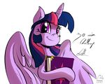 2016 book english_text equine feathered_wings feathers female feral friendship_is_magic fur hair horn light262 looking_at_viewer mammal multicolored_hair my_little_pony purple_eyes purple_feathers purple_fur purple_hair simple_background smile solo text twilight_sparkle_(mlp) white_background winged_unicorn wings 