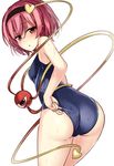  :o alternate_costume ass blush breasts commentary_request cowboy_shot eyeball hairband heart highres janne_cherry komeiji_satori looking_at_viewer looking_back one-piece_swimsuit pink_eyes pink_hair school_swimsuit short_hair small_breasts solo swimsuit third_eye touhou wet white_background 