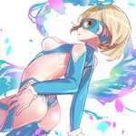  ass bad_id bad_pixiv_id bare_shoulders blue_leotard breasts brown_eyes cosplay djeeta_(granblue_fantasy) flat_ass from_behind granblue_fantasy large_breasts leotard looking_at_viewer looking_back mask open_mouth rainbow_mika rainbow_mika_(cosplay) short_hair smile solo street_fighter street_fighter_v tajima_ryuushi wrestling_outfit 