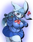  3_fingers anthro anthrofied big_breasts blush breasts clothing collaboration eeveelution female glaceon hi_res kify looking_at_viewer mash_(artist) nintendo pok&eacute;mon pok&eacute;morph ribbons school_uniform simple_background skirt solo uniform video_games 