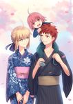  2boys ahoge artoria_pendragon_(all) blonde_hair blush carrying emiya_shirou fate/stay_night fate_(series) fateline_alpha green_eyes grin highres if_they_mated japanese_clothes kimono multiple_boys open_mouth petals raglan_sleeves red_hair saber short_hair shoulder_carry smile yukata 