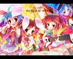  animal_ears bunny_ears guitar houraisan_kaguya inaba_tewi instrument kamiya_yuu microphone multiple_girls reisen_udongein_inaba touhou wallpaper yagokoro_eirin 