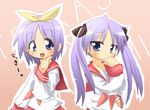  futaru_usagi hiiragi_kagami hiiragi_tsukasa lucky_star multiple_girls pink_neckwear purple_hair ryouou_school_uniform school_uniform serafuku siblings sisters twins twintails wallpaper 