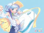  blue_eyes blue_hair clenched_hands detached_sleeves highres looking_back moetan mouse_(computer) one-piece_swimsuit open_mouth pastel_ink pop school_swimsuit short_hair single_thighhigh smile solo swimsuit swimsuit_costume thighhighs wallpaper white_school_swimsuit white_swimsuit 