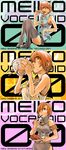  absurdres bowl brown_eyes brown_hair can chopsticks cosplay food glass hatsune_miku hatsune_miku_(cosplay) highres kagamine_rin kagamine_rin_(cosplay) megurine_luka megurine_luka_(cosplay) meiko necktie sachio short_hair sweat thighhighs vocaloid zettai_ryouiki 