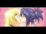  artist_request blonde_hair blush closed_eyes collet_brunel fujibayashi_shiina kiss letterboxed multiple_girls pink_background surprised tales_of_(series) tales_of_symphonia wallpaper yuri 