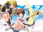  bangs bardiche blonde_hair fate_testarossa highres lyrical_nanoha mahou_shoujo_lyrical_nanoha mahou_shoujo_lyrical_nanoha_a's multiple_girls noritama_(gozen) raising_heart takamachi_nanoha thighhighs wallpaper 