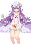  absurdres blue_bow book bow brand_name_imitation capelet crescent crescent_hair_ornament cup dress eating emushake food french_fries hair_bow hair_ornament hamburger hat highres long_hair mcdonald's mob_cap patchouli_knowledge purple_eyes purple_hair red_bow simple_background sitting solo striped striped_dress touhou vertical_stripes very_long_hair white_background 