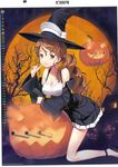  2016 :d breasts brown_eyes brown_hair calendar_(medium) cleavage detached_sleeves finger_to_mouth full_moon halloween halloween_costume hat highres index_finger_raised italia_(kantai_collection) jack-o'-lantern jiji kantai_collection kneeling littorio_(kantai_collection) long_hair looking_at_viewer machinery medium_breasts moon october official_art open_mouth revision smile solo tree turret wavy_hair witch witch_hat 