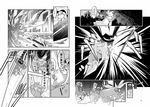  bowl comic dress gap greyscale ground_vehicle hair_bow hat hat_bow highres maribel_hearn minigirl monochrome moyazou_(kitaguni_moyashi_seizoujo) necktie short_hair shorts sukuna_shinmyoumaru touhou train translation_request tsukumogami usami_renko 