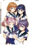  4girls ahoge akebono_(kantai_collection) animal animal_on_head animal_on_shoulder bandages bell black_hair brown_eyes brown_hair bunny calendar_(medium) crab_on_shoulder crossed_arms drew_(drew213g) flower hair_bell hair_between_eyes hair_flower hair_ornament highres jingle_bell kantai_collection long_hair may multiple_girls oboro_(kantai_collection) official_art on_head one_eye_closed pink_eyes pink_hair purple_eyes purple_hair sazanami_(kantai_collection) school_uniform serafuku short_hair side_ponytail smile twintails ushio_(kantai_collection) 