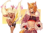  2_tails animal_humanoid anklet bracelet canine clothed clothing collar denoro duo female hair humanoid jacket jewelry male mammal melee_weapon messy_hair multi_tail orange_hair piercing short_hair skirt sword weapon white_hair yellow_eyes 