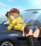  ass baseball_cap belt bent_over car cidney_aurum cropped_jacket denim denim_shorts final_fantasy final_fantasy_xv from_behind gloves green_eyes ground_vehicle hat looking_at_viewer looking_back motor_vehicle regalia_(final_fantasy) short_hair short_shorts shorts smile solo tan tanline thighhighs ur_(wulfa) 