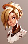 bangs blonde_hair blue_eyes brown_background carlos_eduardo closed_mouth collar hairband head_tilt highres lips looking_at_viewer mercy_(overwatch) overwatch ponytail shirt short_hair shoulder_pads simple_background sketch solo swept_bangs upper_body white_shirt 