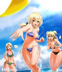  /\/\/\ 3girls :d :o ahoge anne_green arm_at_side ass_visible_through_thighs ball bangs beachball bikini black_bikini blonde_hair blue_bikini blue_eyes blue_sky breasts cameltoe cleavage cloud covered_nipples day eighth_note ellen_baker fingernails green_bikini green_eyes groin hair_between_eyes hair_ornament hair_scrunchie hand_to_own_mouth highres ikeda_(hayato) large_breasts lens_flare long_fingernails long_hair looking_at_another looking_at_viewer lucy_smith motion_blur multiple_girls musical_note nail_polish navel new_horizon o-ring o-ring_top ocean open_mouth outdoors outstretched_arm pink_nails ponytail red_lips scrunchie shiny shiny_skin side-tie_bikini sideboob sky smile sparkle speech_bubble spoken_exclamation_mark standing stomach string_bikini summer swimsuit thigh_gap two_side_up underboob untied untied_bikini wading wardrobe_malfunction wet 