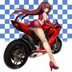  alternate_costume ass bangs bare_legs breasts checkered checkered_background closed_mouth crotch_seam eyebrows eyebrows_visible_through_hair fate/grand_order fate_(series) floating_hair from_behind full_body gloves ground_vehicle high_heels jirusu large_breasts leaning_forward long_hair looking_at_viewer looking_back midriff miniskirt motor_vehicle motorcycle on_motorcycle panties pantyshot pink_lips purple_hair race_queen red_eyes red_footwear red_gloves red_skirt riding scathach_(fate)_(all) scathach_(fate/grand_order) shoes skirt sleeveless solo underwear upskirt white_panties 
