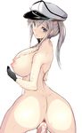  ass back bikini black_bikini blonde_hair blue_eyes blush breasts butt_crack censored covering covering_breasts from_behind gin&#039;ichi_(akacia) gin'ichi_(akacia) gloves graf_zeppelin_(kantai_collection) hair_between_eyes hat kantai_collection large_breasts long_hair looking_at_viewer looking_back nude peaked_cap pov sex sidelocks solo solo_focus sweat twintails vaginal 