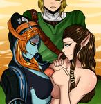  2girls blonde_hair blue_eyes blue_skin breast_hold breasts brown_hair clothed_male_nude_female large_breasts link midna midna_(true) multiple_girls multiple_paizuri orange_hair penis pointy_ears princess_zelda red_eyes symmetrical_docking teamwork the_legend_of_zelda the_legend_of_zelda:_twilight_princess uncensored 