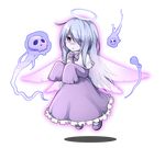 :&gt; blue_hair blush bow bowtie capelet commentary_request dress eyes_visible_through_hair fairy_wings flying full_body halo long_hair looking_at_viewer nogisaka_kushio pointy_ears purple_bow purple_dress purple_eyes purple_neckwear skull sleeves_past_wrists smile solo spirit touhou transparent_background very_long_hair wings zombie_fairy 
