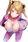  artist_name bakuon!! bell biker_clothes bikesuit blonde_hair blush bodysuit breasts collarbone hair_bell hair_ornament helmet hews_hack highres large_breasts leaning_forward long_hair looking_at_viewer pink_bodysuit smile solo suggestive_fluid suzunoki_rin twintails yellow_eyes 