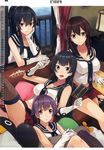  4girls agano_(kantai_collection) anchor_symbol bangs black_hair black_legwear black_neckwear braid breasts brown_eyes brown_hair brown_legwear calendar_(medium) character_name chin_rest cleavage couch crop_top curtains cushion failure_penguin february flipped_hair garter_straps gloves green_eyes hands_together highres holding holding_pen indoors kantai_collection knees_up konishi_(koconatu) lamp large_breasts leaning_on_person long_hair long_ponytail looking_at_viewer medium_breasts midriff multiple_girls necktie noshiro_(kantai_collection) notebook official_art on_couch open_mouth pen pleated_skirt ponytail purple_hair reclining red_eyes red_skirt sakawa_(kantai_collection) school_uniform seigaiha serafuku shirt short_hair sidelocks single_thighhigh sitting skirt sleeveless sleeveless_shirt smile stuffed_toy thighhighs twin_braids watermark white_gloves white_shirt window yahagi_(kantai_collection) 