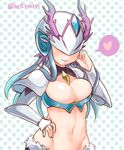  armor bikini_top blue_hair blue_lipstick breasts covered_eyes hand_on_hip hand_on_own_face heart helmet helmet_over_eyes horns large_breasts lipstick long_hair makeup marshmallow_mille midriff navel nell_(p&amp;d) polka_dot polka_dot_background puzzle_&amp;_dragons solo spoken_heart twitter_username vambraces 