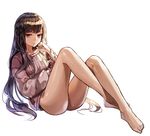  ass bare_legs barefoot black_hair closed_mouth collarbone eyelashes frown full_body highres kim_eb leaning_back long_hair long_sleeves looking_at_viewer no_pants original red_eyes shade simple_background sitting solo sweater very_long_hair white_background 