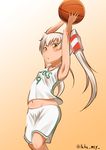  absurdres amatsukaze_(kantai_collection) armpits arms_up ball basketball basketball_uniform chestnut_mouth collarbone gradient gradient_background highres holding holding_ball kantai_collection kashisu_mint long_hair looking_at_viewer milwaukee_bucks national_basketball_association navel orange_background orange_eyes outstretched_arms silver_hair simple_background solo sportswear tsurime twintails twitter_username two_side_up 