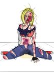  18 abuse android android_18 aqua_eyes beaten black_gloves blonde_hair blood bra bruise defeated denim dragon_ball dragonball dragonball_z fingerless_gloves gloves injury jeans on_floor open_mouth pants peeing peeing_self ryona short_hair sitting spread_legs torn_clothes trembling wariza 