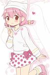  animal_hat blush braid commentary_request cosplay hat idu_michito kaname_madoka kyubey kyubey_(cosplay) looking_at_viewer mahou_shoujo_madoka_magica pillow_hat pink_eyes pink_hair polka_dot_skirt smile solo twin_braids twintails v 