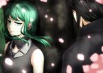  1girl black_hair cherry_blossoms detached_collar evillious_nendaiki glowing_flower green_eyes green_hair gumi highres nemesis_sudou nyoze_octo ria02716 sad saigo_no_revolver_(vocaloid) short_hair short_hair_with_long_locks sidelocks sleeveless_blazer solo_focus tree vocaloid 