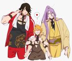  ^_^ arm_hug black_hair boy_sandwich casual closed_eyes facial_hair green_eyes grin hachisuka_kotetsu hair_over_one_eye heart jacket japanese_clothes male_focus md5_mismatch mpkxx multicolored_hair multiple_boys nagasone_kotetsu orange_hair pants ponytail purple_hair sandwiched smile spoken_heart stubble touken_ranbu track_jacket track_pants track_suit two-tone_hair urashima_kotetsu yellow_eyes 