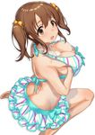  absurdres bikini breasts brown_eyes brown_hair cream cream_on_body cream_on_face food food_on_face highres ice_cream idolmaster idolmaster_cinderella_girls large_breasts looking_back makamati open_mouth self_fondle simple_background solo swimsuit totoki_airi twintails 