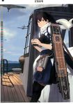  2016 aircraft black_eyes black_hair black_legwear calendar_(medium) flight_deck hakama_skirt highres holding january japanese_clothes kaga_(kantai_collection) kantai_collection looking_at_viewer military military_vehicle muneate ocean official_art revision scan scarf shibafu_(glock23) ship short_hair side_ponytail solo steam tasuki tea thighhighs visible_air warship watercraft zettai_ryouiki 