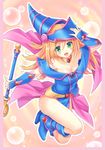  blonde_hair blue_footwear blush boots breasts choker dark_magician_girl duel_monster green_eyes hat k.y_ko kneeling large_breasts long_hair skirt smile solo wizard_hat yuu-gi-ou yuu-gi-ou_duel_monsters 