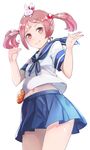  :x animal animal_on_head badge blue_skirt bunny comah hair_bobbles hair_ornament kantai_collection looking_at_viewer navel on_head open_hands pink_eyes pink_hair pleated_skirt sailor_collar sazanami_(kantai_collection) school_uniform serafuku short_hair short_sleeves simple_background skirt solo twintails white_background 