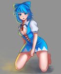  4_am :o adapted_costume bare_legs barefoot blue_bow blue_dress blue_eyes blue_hair blush bow breasts brown_background cirno cleavage collarbone collared_shirt colored_eyelashes contrapposto cross-laced_clothes dress full_body hair_bow highres kneeling legs_apart light looking_at_viewer medium_breasts navel older open_mouth puffy_short_sleeves puffy_sleeves red_ribbon ribbon round_teeth shade shirt short_dress short_hair short_sleeves simple_background sleeveless sleeveless_dress solo teenage teeth thighs toenails toes touhou white_shirt 