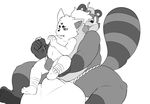  annoyed anthro balls barefoot big_balls bulge butt butt_grab canine clothing duo eroborus fox fundoshi greyscale hand_on_butt huge_balls hyper hyper_balls japanese_clothing kitsune_(ero) leg_wraps lifted male mammal monochrome naughty_face on_lap one_eye_closed plantigrade sitting size_difference tanuki tongue tongue_out underwear underwear_pull wraps 