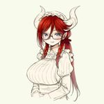  apron blue_eyes blush bonnet braid breasts commentary frilled_apron frills glasses hair_between_eyes horns large_breasts light_smile long_hair maid original pas_(paxiti) pointy_ears ponytail red_hair semi-rimless_eyewear side_braids sketch solo twin_braids under-rim_eyewear 