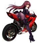  ankle_boots ass bangs bodysuit boots breasts closed_mouth eyebrows eyebrows_visible_through_hair fate/grand_order fate_(series) floating_hair from_behind full_body gloves ground_vehicle high_heel_boots high_heels jirusu large_breasts leaning_forward long_hair looking_at_viewer looking_back md5_mismatch motor_vehicle motorcycle on_motorcycle pauldrons pink_lips purple_bodysuit purple_hair red_eyes riding scathach_(fate)_(all) scathach_(fate/grand_order) simple_background solo white_background 