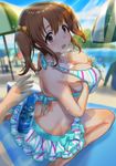  absurdres beach beach_towel beach_umbrella bikini blurry breasts brown_eyes brown_hair cooler cream cream_on_body cream_on_face day depth_of_field food food_on_face hair_ornament highres ice_cream idolmaster idolmaster_cinderella_girls large_breasts looking_at_viewer looking_back makamati open_mouth ramune self_fondle solo_focus swimsuit totoki_airi towel twintails umbrella 