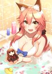  :d animal_ears bathing bathroom bathtub bikini bikini_top black_legwear black_serafuku blue_bow blush bottle bow bow_bikini breasts brown_eyes brown_hair character_doll collarbone eyebrows eyebrows_visible_through_hair fang fate/extra fate/extra_ccc fate_(series) fox_ears fox_tail hair_between_eyes hair_ornament hair_scrunchie holding indoors jitome kishinami_hakuno_(female) kneehighs large_breasts long_hair long_sleeves looking_at_viewer multiple_girls open_mouth oyaji-sou partially_submerged petals petals_on_liquid pink_hair rose_petals rubber_duck school_uniform scrunchie serafuku shiny shiny_skin sleeves_past_wrists smile soap_bottle soap_bubbles swimsuit tail tamamo_(fate)_(all) tamamo_no_mae_(fate) tile_wall tiles toy triangle_mouth tsukumihara_academy_uniform_(fate/extra_ccc) twintails upper_body water water_drop white_bikini yellow_eyes 