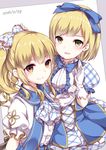  2girls :d absurdres alternate_costume amane_tari bangs blonde_hair blue_bow blue_neckwear blush border bow bowtie brown_eyes buttons closed_mouth cravat dated djeeta_(granblue_fantasy) dress dutch_angle eyebrows eyebrows_visible_through_hair frilled_sleeves frills gloves granblue_fantasy hair_bow hair_ribbon hairband highres idol kimi_to_boku_no_mirai long_hair looking_at_viewer matching_outfit multiple_girls open_mouth plaid plaid_bow ponytail puffy_short_sleeves puffy_sleeves red_eyes ribbon short_hair short_sleeves sidelocks smile vira_lilie white_gloves 