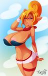 1girl areolae blonde_hair blue_eyes breasts curvy dark_skin huge_breasts inverted_nipples long_hair navel neckerchief nipples open_mouth pointy_ears solo standing tetra the_legend_of_zelda the_legend_of_zelda:_the_wind_waker tiger1001 wide_hips 