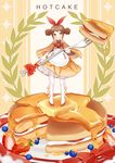  bad_id bad_pixiv_id blueberry bow bowtie brown_hair butter cream double_bun dress english food fork frills fruit full_body gotmil holding honey long_sleeves looking_at_viewer minigirl morinaga_(brand) orange_dress original pancake pantyhose personification red_bow red_neckwear ribbon solo standing strawberry tongue tongue_out white_legwear 