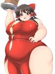  :o bamboo_steamer bare_arms bare_shoulders big_belly blush bow breasts brown_eyes brown_hair bucket bursting_breasts carrying_overhead china_dress chinese_clothes commentary_request dress fat fat_folds hair_bow hair_ribbon hair_tubes hakurei_reimu highres kurokaze_no_sora large_bow large_breasts long_hair looking_at_viewer obese open_mouth ribbon solo sweatdrop thick_thighs thighs touhou tray undersized_clothes wide_hips wooden_bucket 