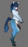  2016 anthro blue_eyes blue_fur blue_hair bottomless butt clothed clothing donkey equine eyewear fur glasses grey_background hair hi_res hooves humanoid_penis long_hair looking_at_viewer male mammal penis raised_tail side_view simple_background solo sweater teeth tsampikos white_fur 