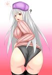  1girl ? ass black_legwear black_panties blush breasts fate_(series) from_behind hat illyasviel_von_einzbern large_breasts long_hair looking_at_viewer marupuni no_pants older open_mouth panties red_eyes ribbed_sweater shiny shiny_hair shiny_skin sideboob silver_hair solo sweat thighhighs 